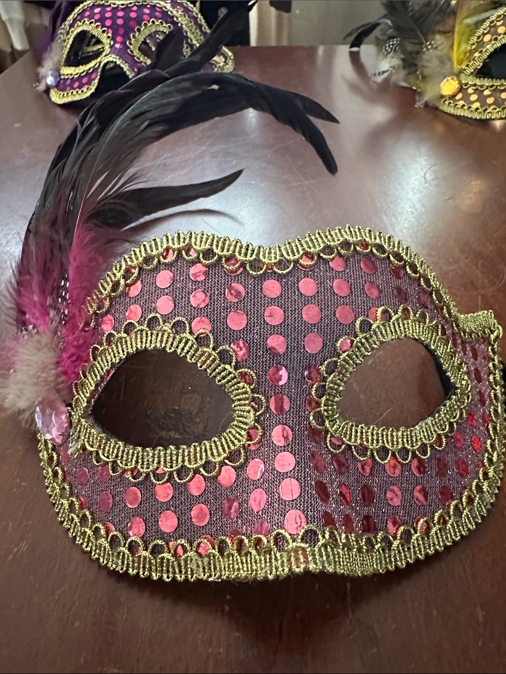 Gold-Trim Pink Sequin Feather Masquerade Mask
